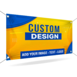 Custom vinyl banners with bold text and vibrant graphics, designed for outdoor and indoor advertising. Weather-resistant material with reinforced edges and grommets for easy hanging