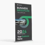 Premium Retractable Pull Up Banners featuring the company logo at the top, tagline 'Quality Prints, Fast Turnaround, Reliable Service,' vibrant images of printed materials like business cards and flyers, and contact details at the bottom